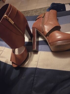 Michael Kors Cognac Peep-Toe Platform Ankle Boots with Gold Zipper